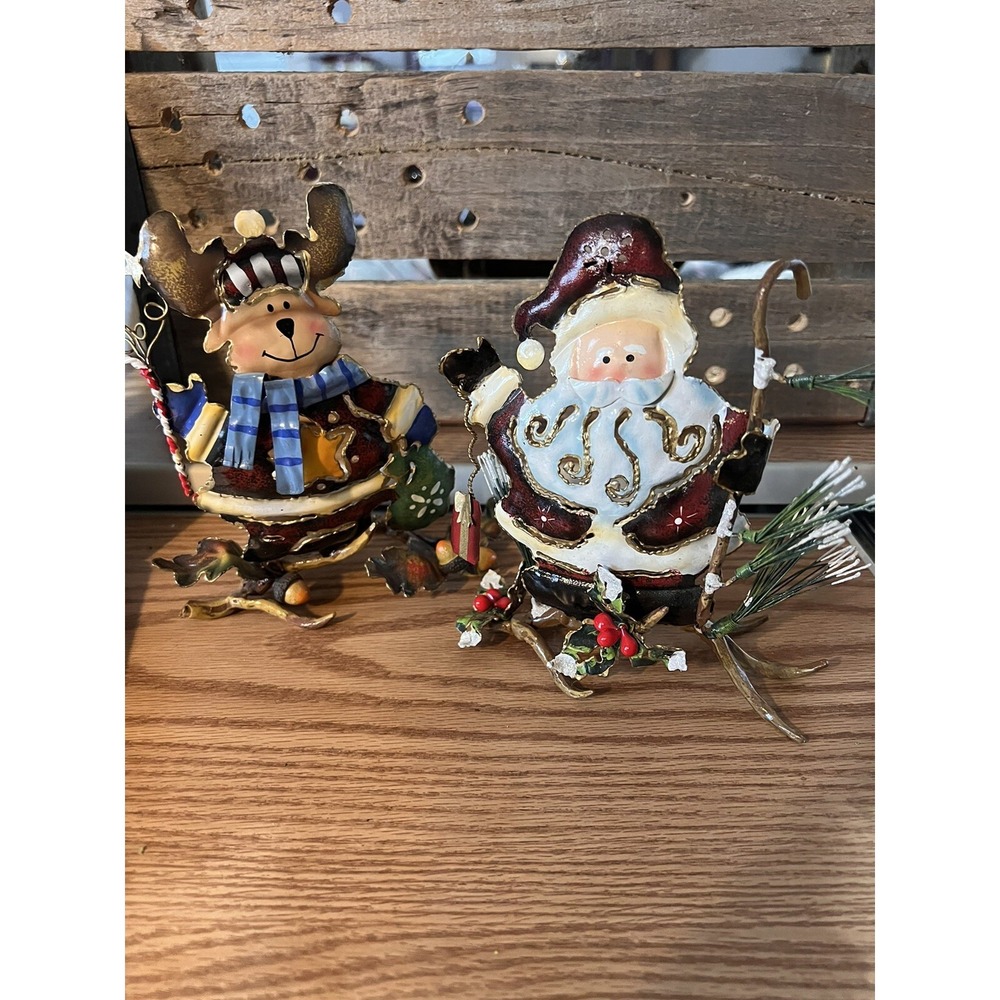 2 Folk Art Enameled Metal Santa and Reindeer Tealight‎ Candle Holder Metal